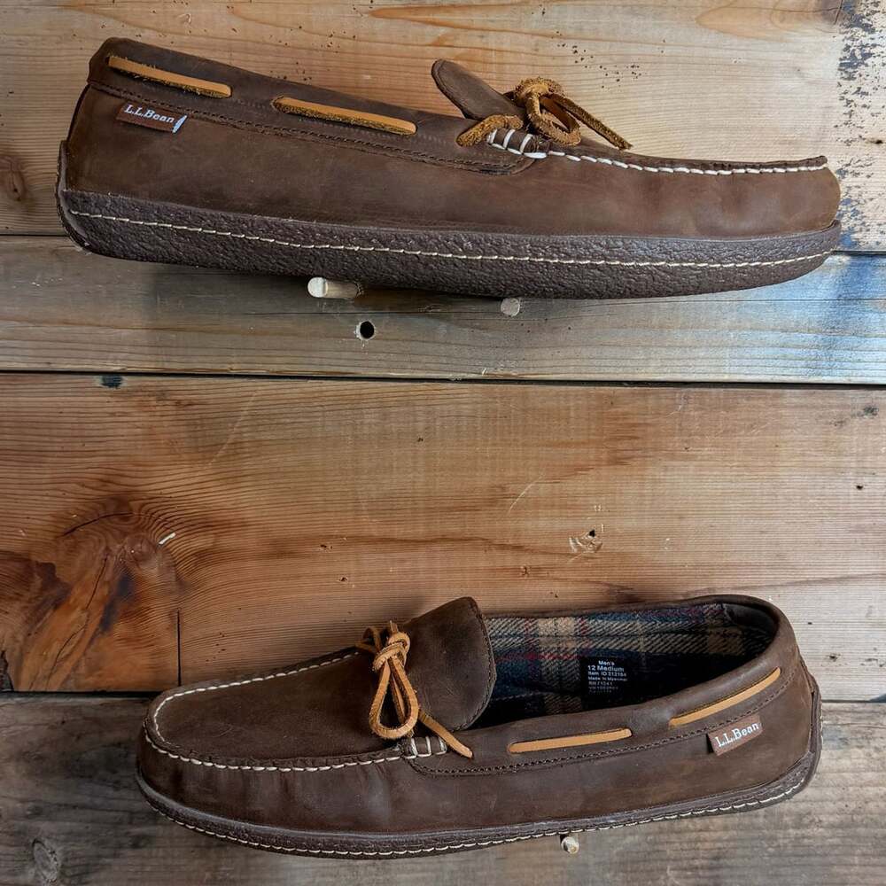 L.L.Bean Handsewn Flannel-Lined Leather Slippers Size 12 Medium Brown
